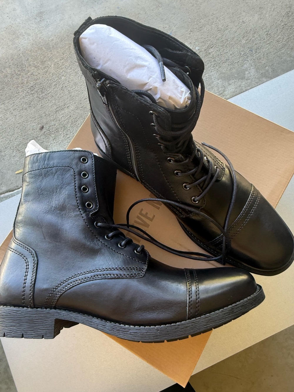 Steve Madden Men's Black Leather Lace-Up Combat Boots